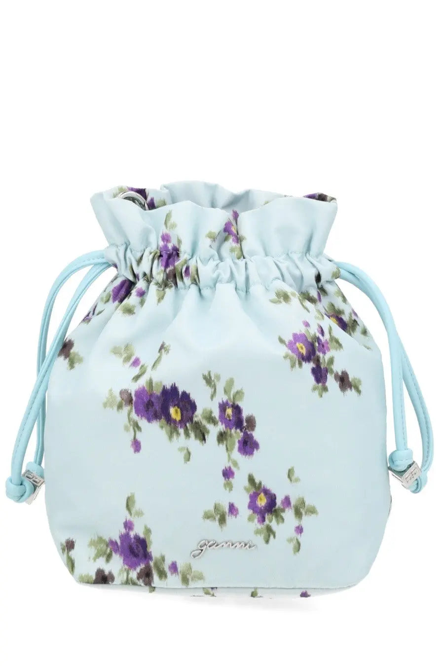Ganni women’s light blue drawstring pouch with purple floral pattern green leaves yellow centers smooth fabric