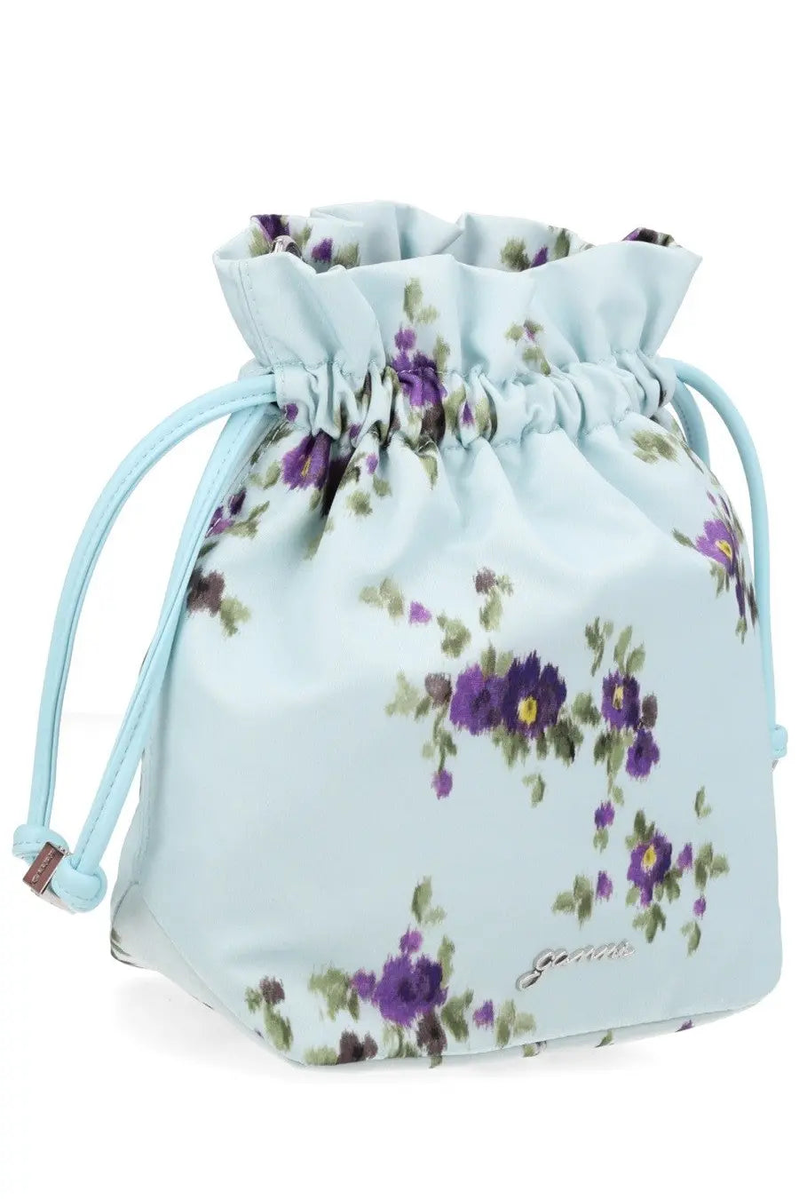 Ganni women’s light blue drawstring pouch with purple floral pattern and green leaves accented by matching cords