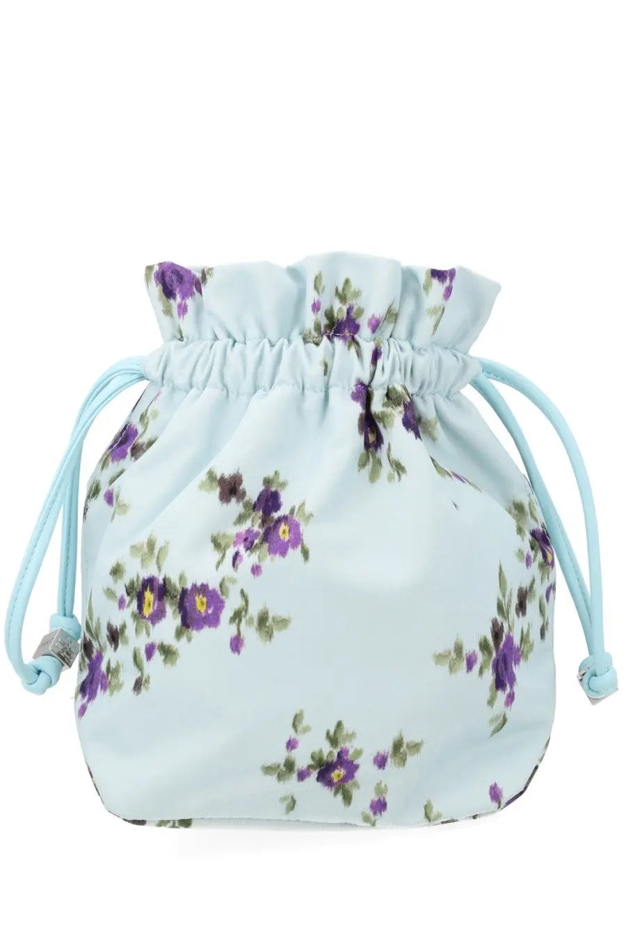 Light blue ganni women’s drawstring pouch with purple and green floral pattern for stylish storage