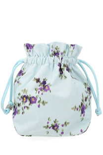 Light blue ganni women’s drawstring pouch with purple and green floral pattern for stylish storage