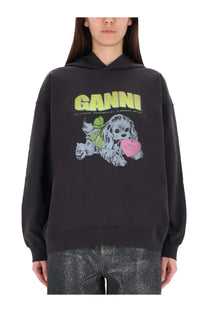 Black ganni hoodie with vibrant neon green logo and cartoon dog graphic with pink heart for women