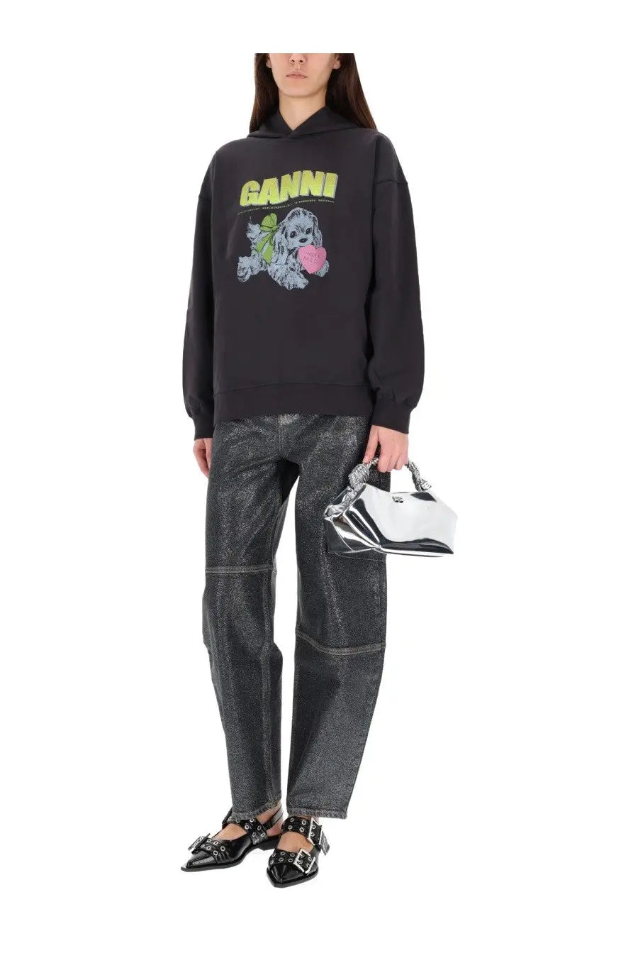 Black ganni hoodie featuring a vibrant yellow logo and a graphic of a poodle holding a pink heart