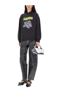 Black ganni hoodie featuring a vibrant yellow logo and a graphic of a poodle holding a pink heart
