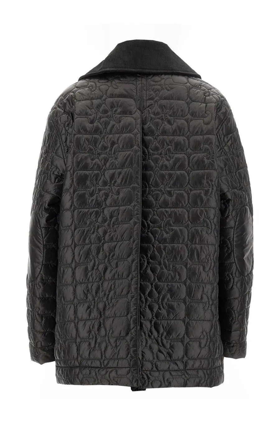 Ganni women’s quilted midi jacket grey with ribbed collar and subtle patterned stitching in black quilted fabric