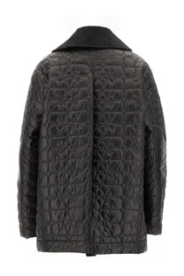 Ganni women’s quilted midi jacket grey with ribbed collar and subtle patterned stitching in black quilted fabric