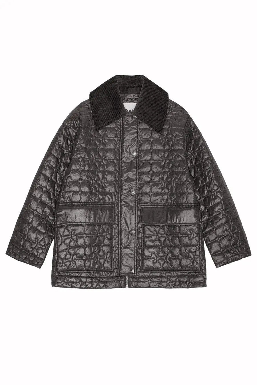 Ganni women’s quilted midi jacket grey with black quilted fabric, contrasting corduroy collar, and front button closure