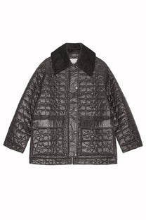 Ganni women’s quilted midi jacket grey with black quilted fabric, contrasting corduroy collar, and front button closure