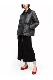 Ganni women’s black quilted jacket with structured collar and front zipper closure in midi length