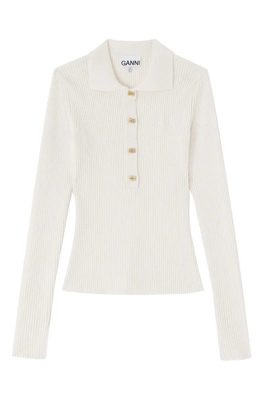 Ganni women’s cream-colored ribbed knit polo shirt with gold-tone buttons and branded collar label in white