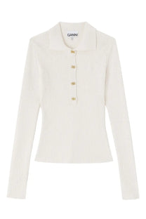 Ganni women’s cream-colored ribbed knit polo shirt with gold-tone buttons and branded collar label in white