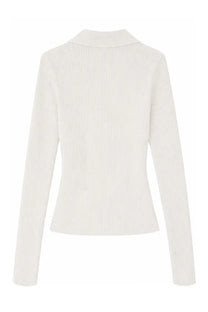 Ganni women’s cream ribbed knit long-sleeve polo shirt with collar made from soft material for casual wear