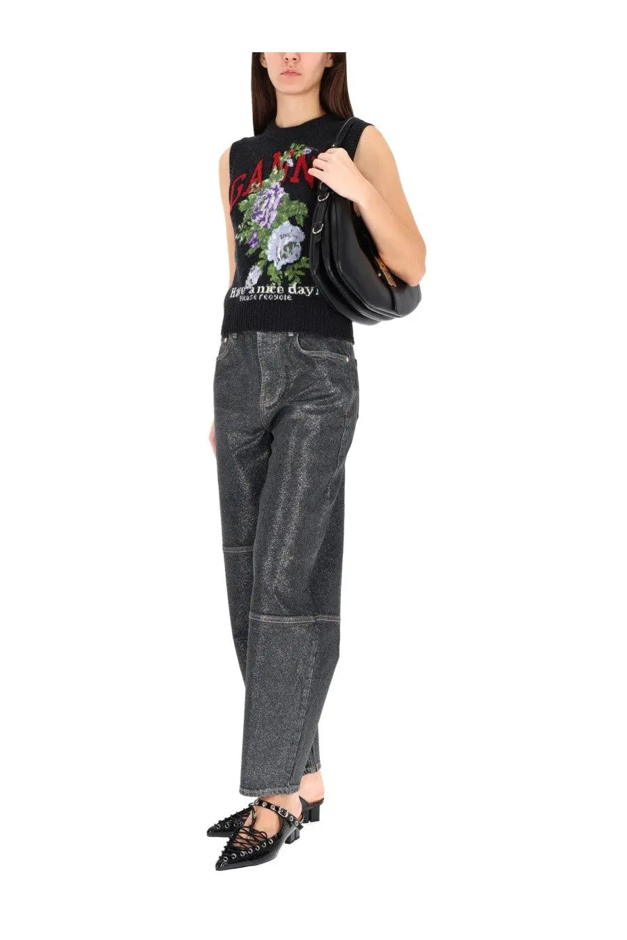 Black structured shoulder bag with rounded silhouette and visible stitching details from ganni women’s rose vest grey collection
