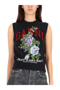 Black ganni sleeveless knit vest with bold red logo and embroidered purple white green floral design gray rose vest