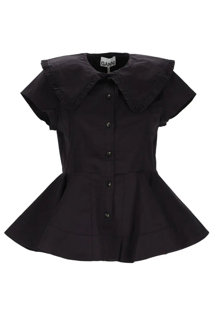 Black Ganni women’s ruffle shirt featuring a peplum blouse design with short sleeves and a ruffled collar
