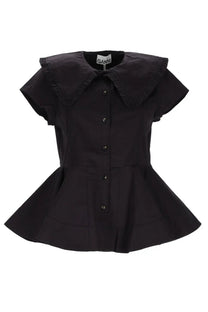 Black Ganni women’s ruffle shirt featuring a peplum blouse design with short sleeves and a ruffled collar