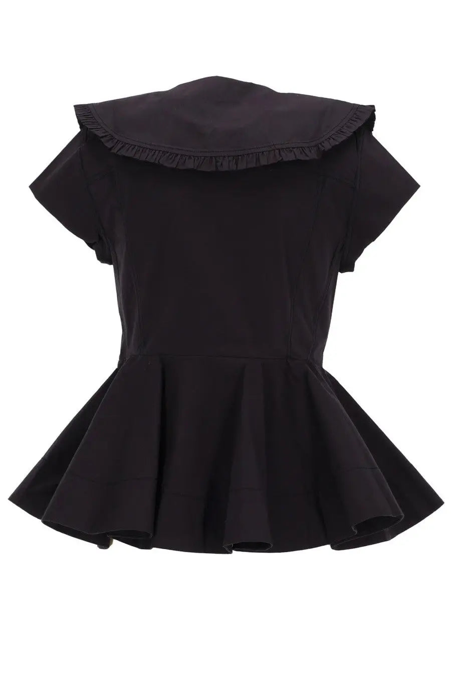 Ganni women’s black ruffle shirt with short sleeves and peplum design featuring a ruffled collar