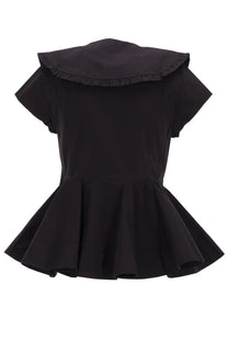 Ganni women’s black ruffle shirt with short sleeves and peplum design featuring a ruffled collar