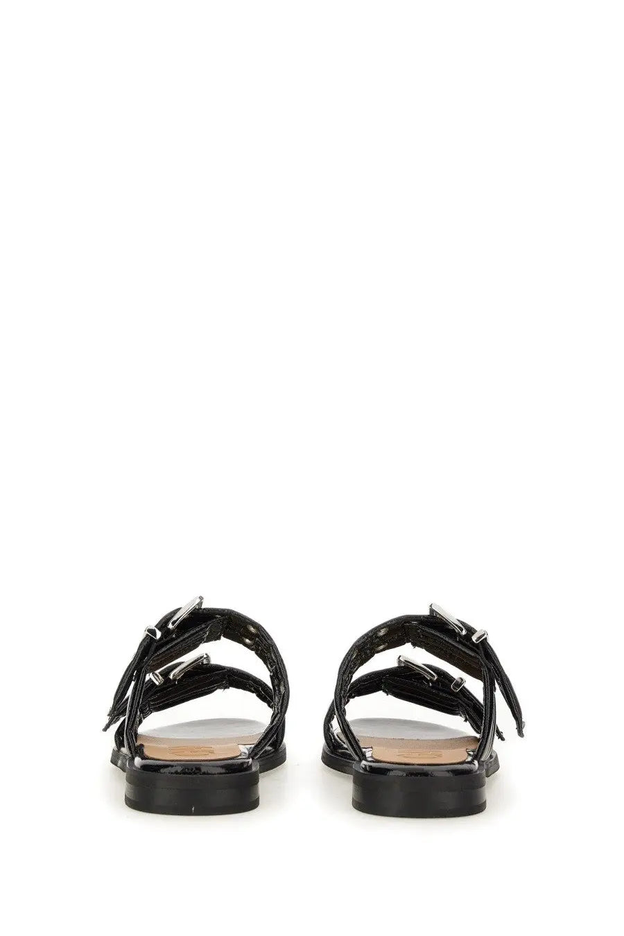 Ganni women’s Sandalo Con Fibbia black patent leather sandals with silver buckle straps and chunky sole