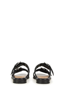 Ganni women’s Sandalo Con Fibbia black patent leather sandals with silver buckle straps and chunky sole