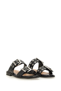 Ganni women’s sandalo con fibbia black patent leather sandals with silver buckle straps and circular eyelets