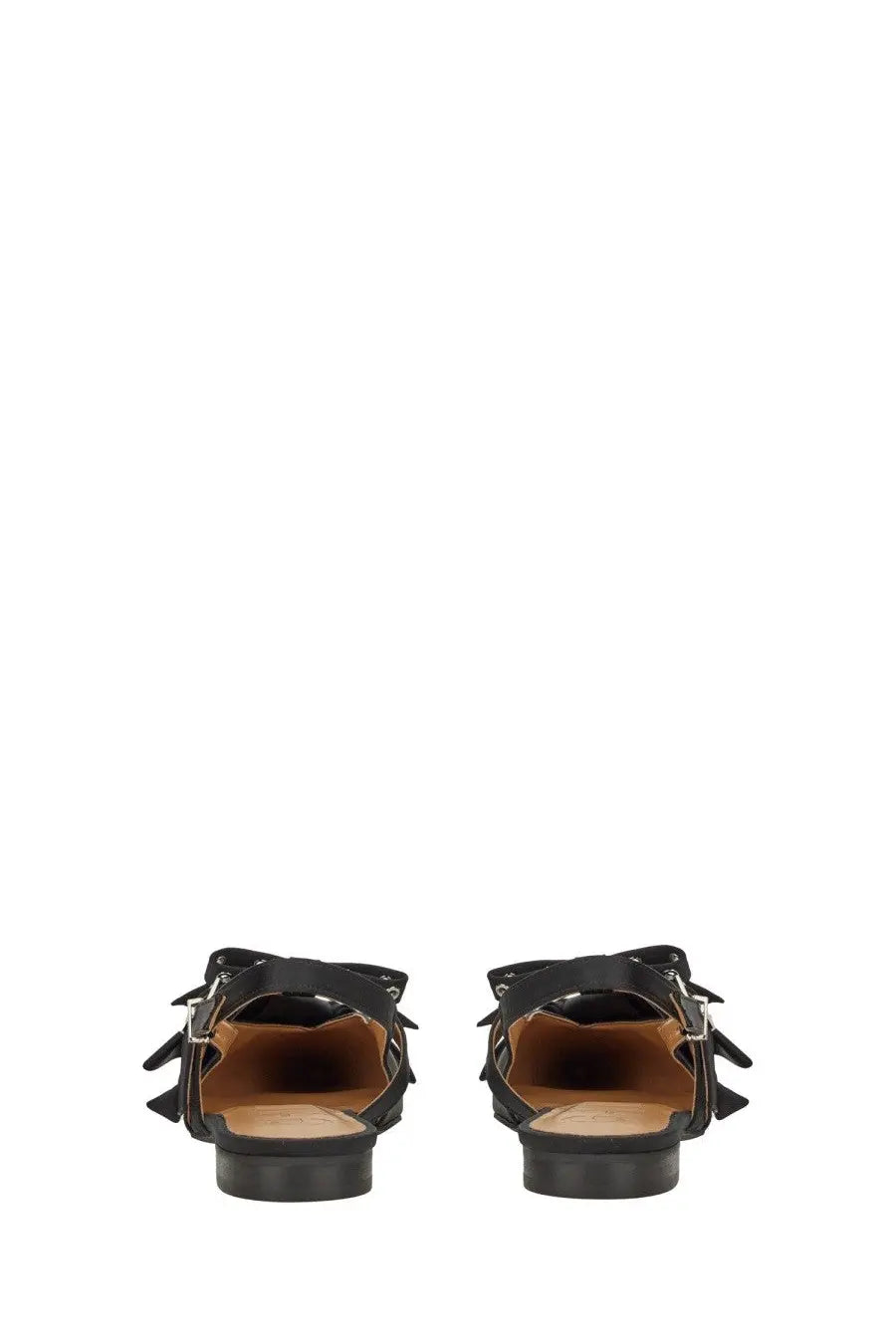 Black leather sandals by Ganni women’s satin ballerina with bow and spiked details in black color