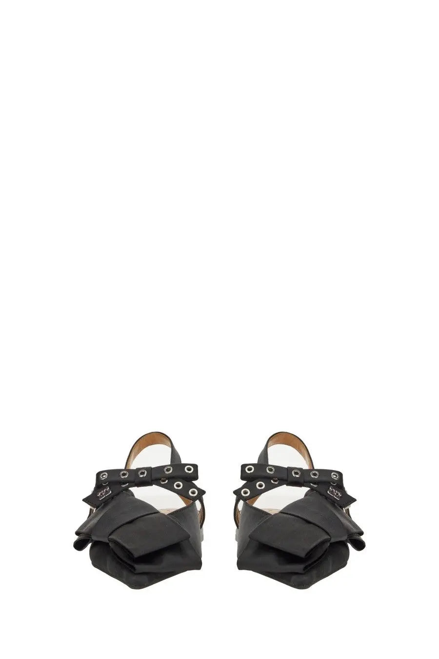 Ganni women’s satin ballerina black leather sandals with a prominent bow front and adjustable eyelet straps