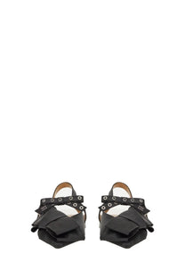 Ganni women’s satin ballerina black leather sandals with a prominent bow front and adjustable eyelet straps