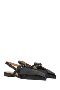 Ganni women’s satin ballerina black sandals with large toe bow and adjustable ankle straps with silver eyelets