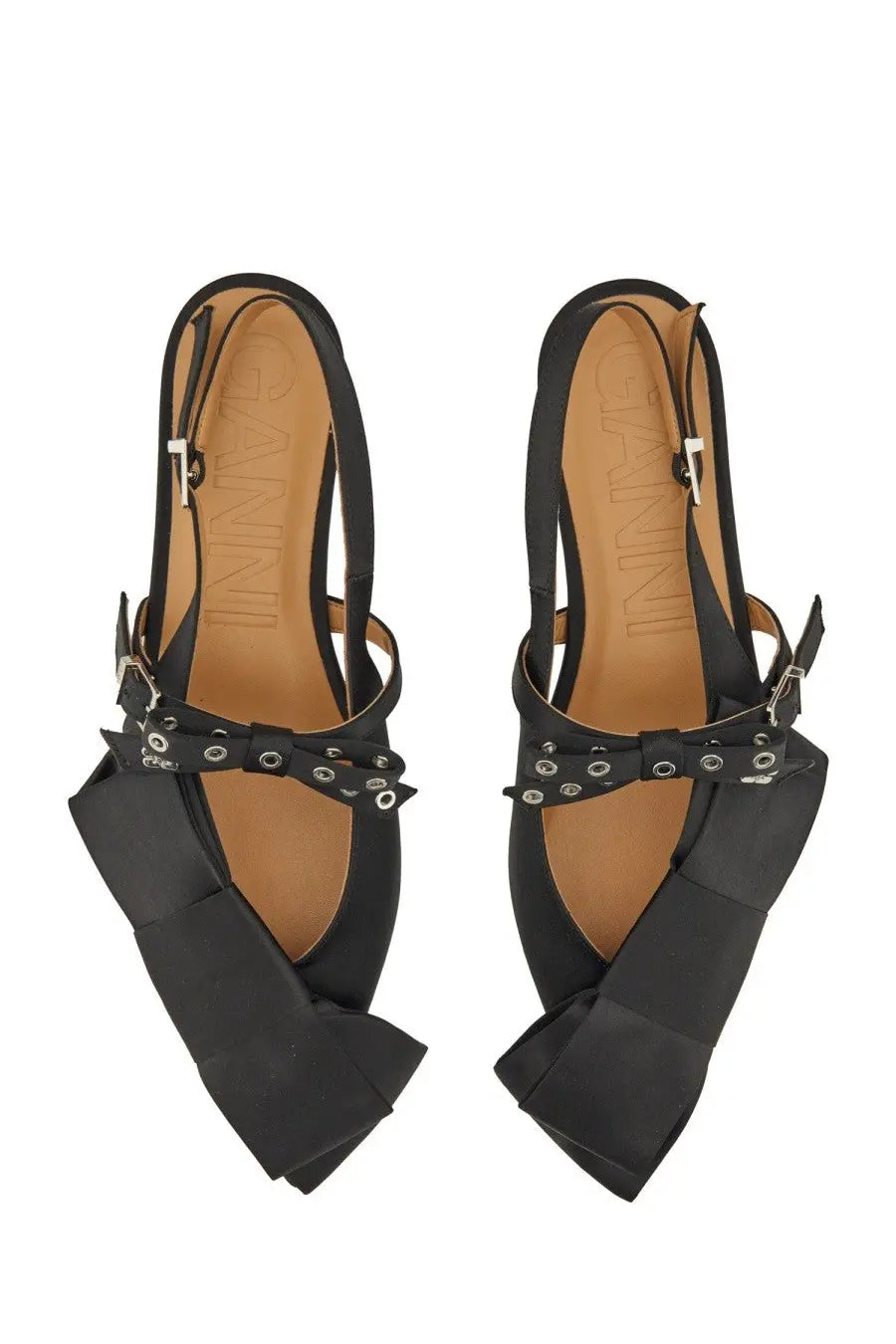 Ganni women’s satin ballerina black slingback flats with oversized bow and silver-toned eyelets buckle details