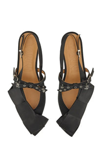 Ganni women’s satin ballerina black slingback flats with oversized bow and silver-toned eyelets buckle details
