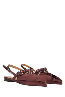 Ganni women’s satin ballerina flat sandals in burgundy with a large bow and silver-toned eyelet detailing