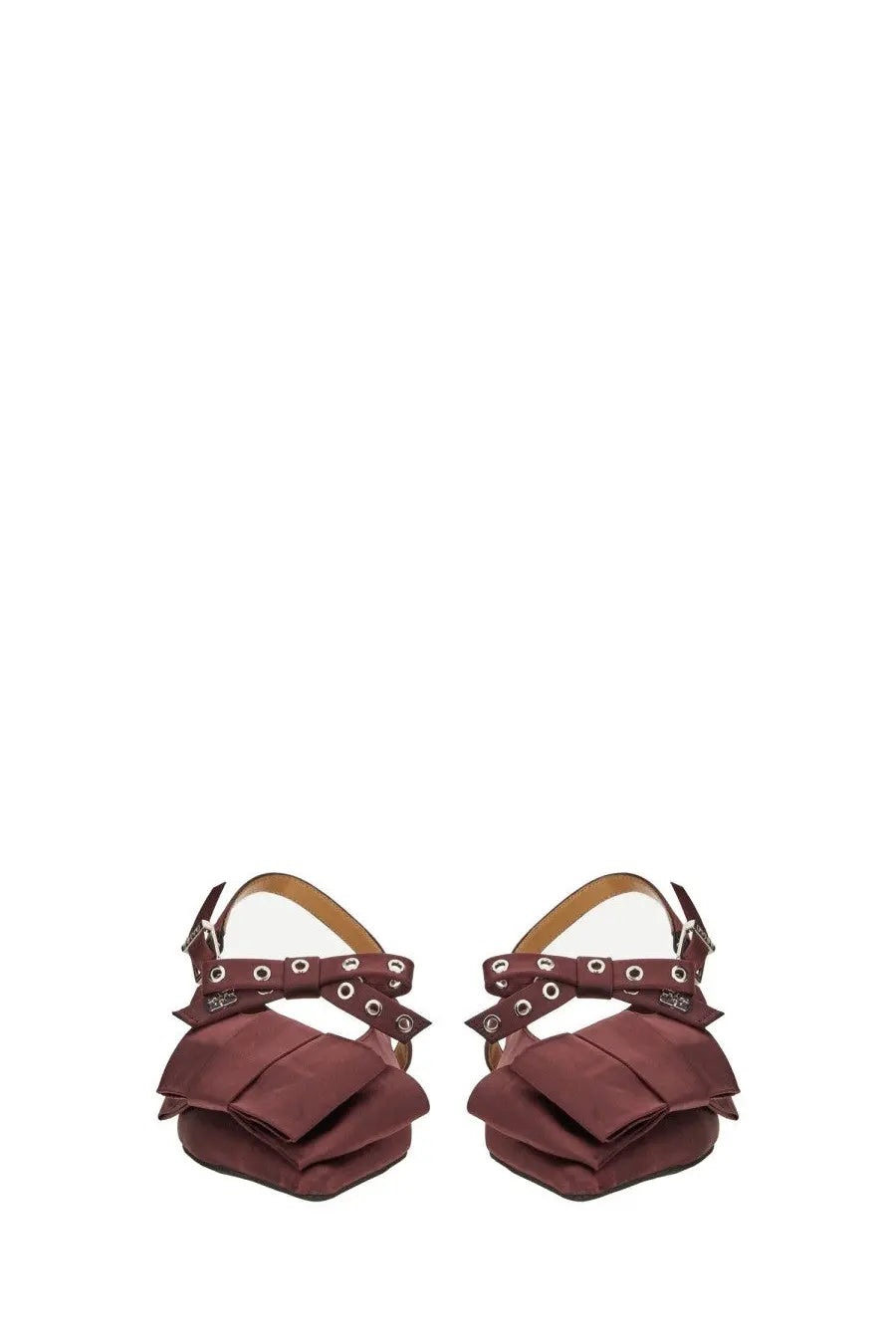 Ganni women’s satin ballerina red sandals with burgundy satin, ruffled bow details, and metallic eyelets