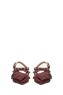 Ganni women’s satin ballerina red sandals with burgundy satin, ruffled bow details, and metallic eyelets