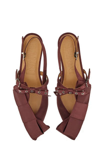 Ganni women’s satin ballerina red maroon satin slingback sandals with bow and metal eyelets