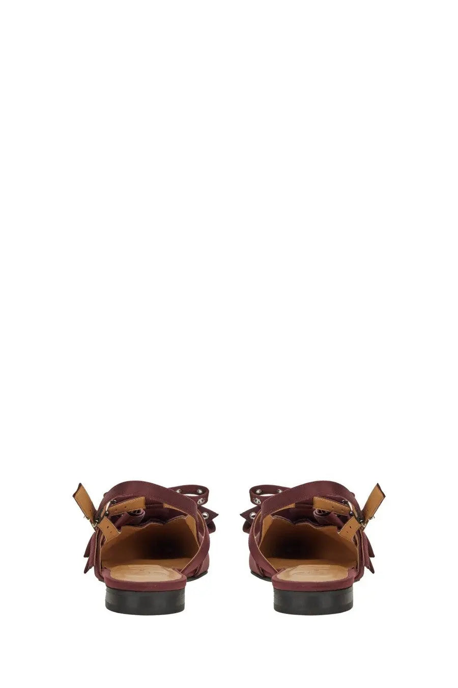 Ganni women’s satin ballerina red mules in maroon suede with tan leather straps and tassel details
