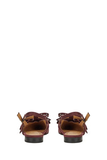 Ganni women’s satin ballerina red mules in maroon suede with tan leather straps and tassel details