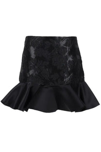 Ganni women’s black satin miniskirt with floral pattern and satin ruffle hem perfect for stylish occasions