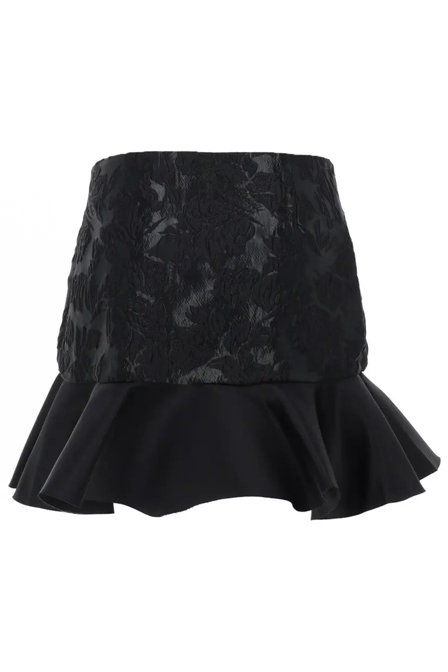 Ganni women’s black satin mini skirt featuring black lace with a flared ruffle hem