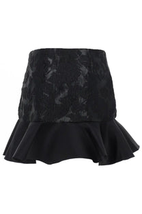 Ganni women’s black satin mini skirt featuring black lace with a flared ruffle hem
