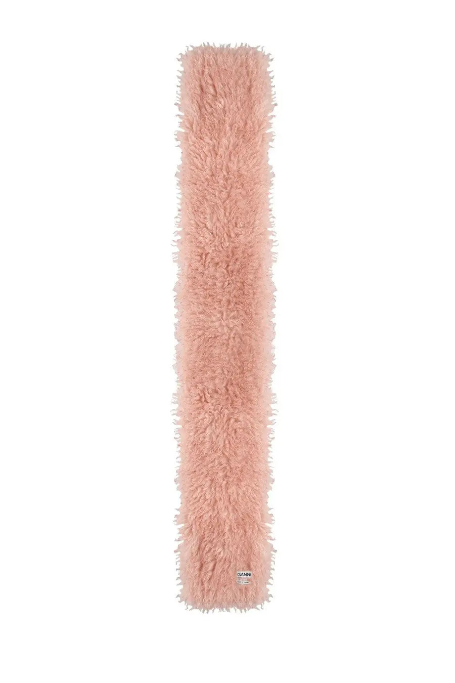 Ganni women’s scarf blue with soft fluffy pink plush shaggy texture and small ganni brand tag at the bottom