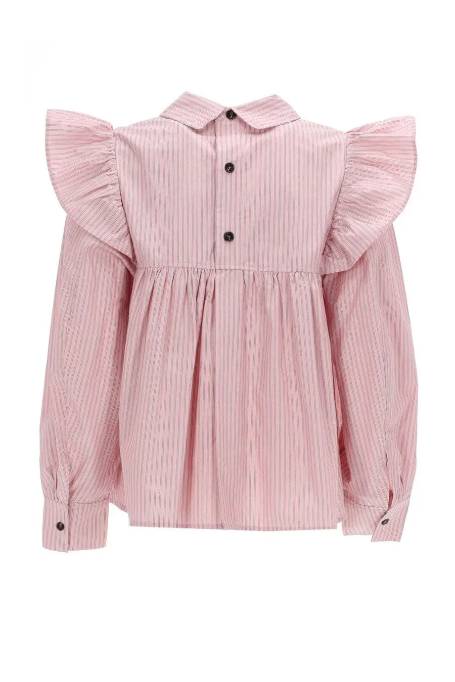 Ganni women’s long-sleeved blouse in pink and white vertical stripes with ruffled shoulder details