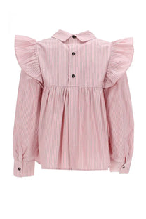 Ganni women’s long-sleeved blouse in pink and white vertical stripes with ruffled shoulder details