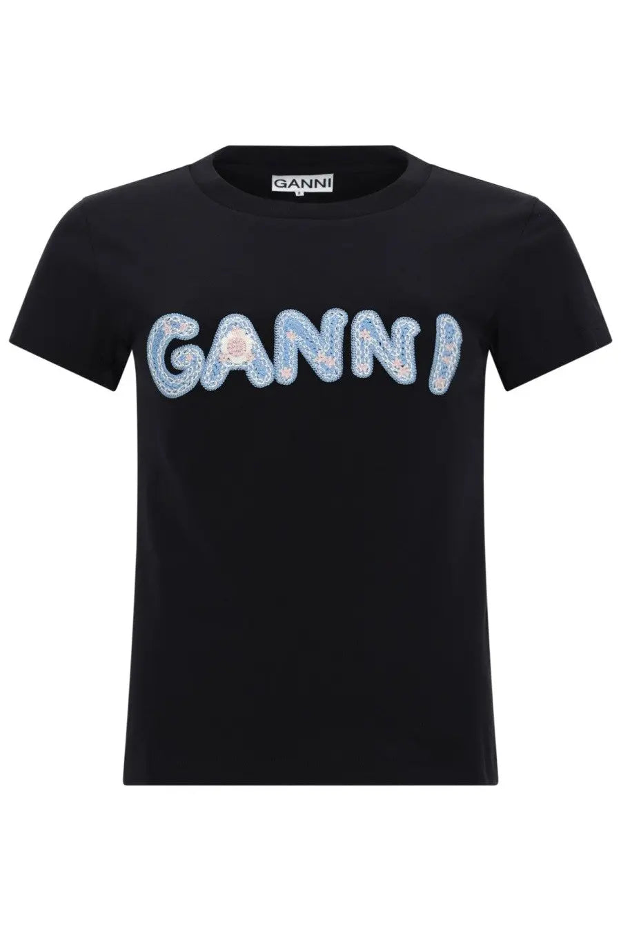 Black ganni women’s t-shirt with bold light blue sequined logo on chest in con black color