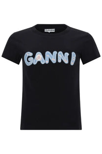 Black ganni women’s t-shirt with bold light blue sequined logo on chest in con black color