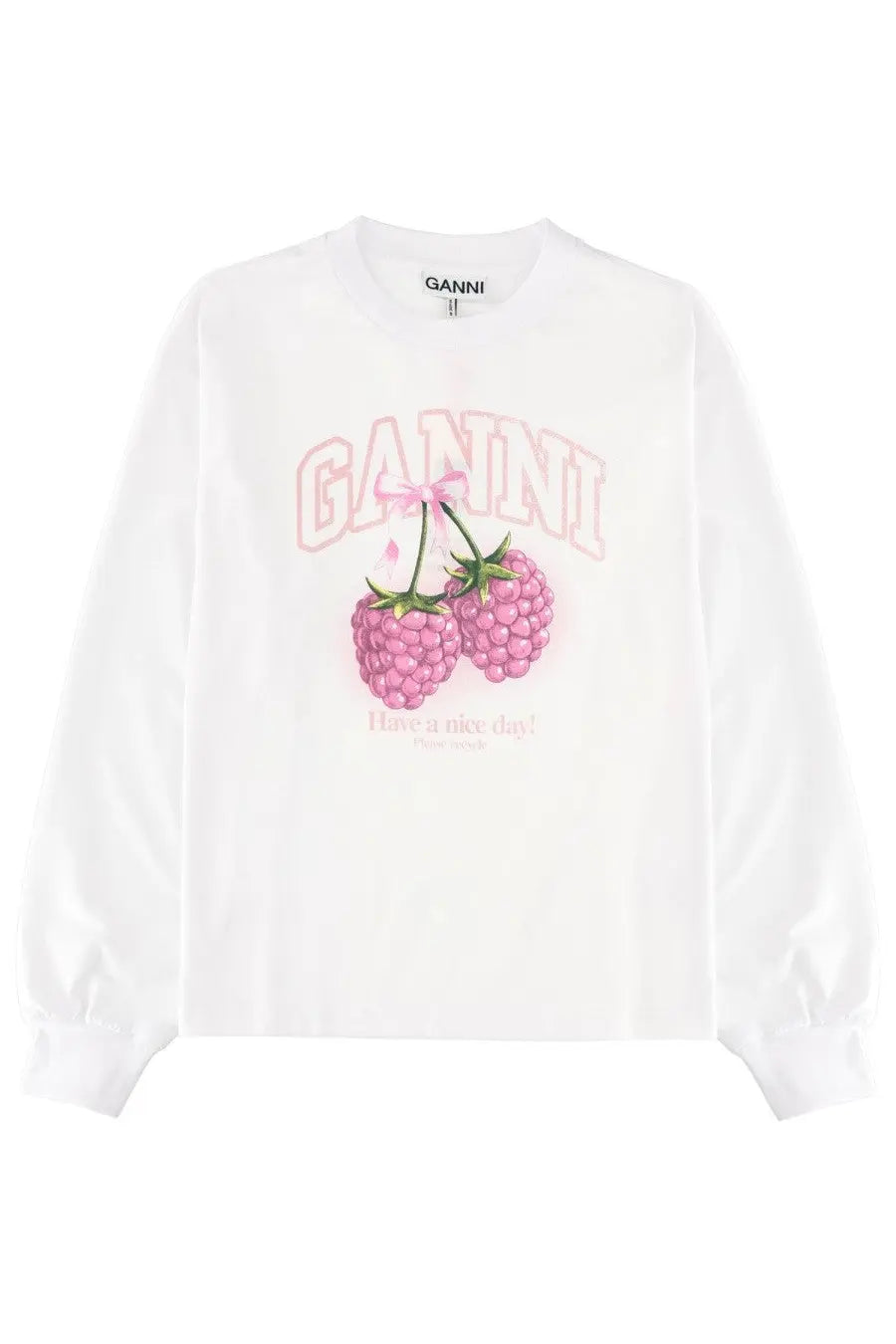 Ganni women’s white long-sleeved shirt with pink raspberry graphic and have a nice day print on front