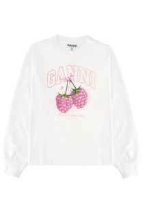 Ganni women’s white long-sleeved shirt with pink raspberry graphic and have a nice day print on front