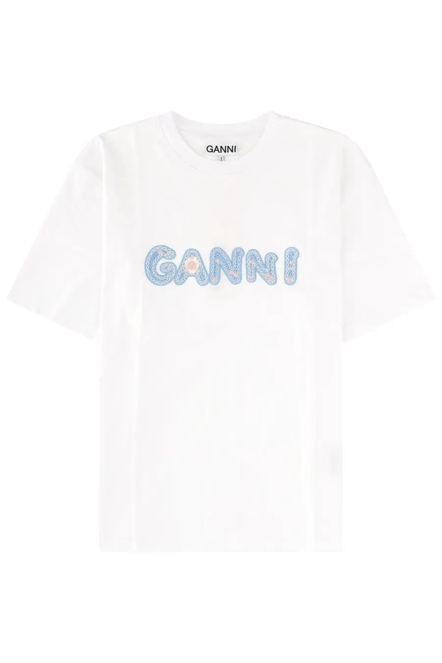 White ganni women’s shirt con white featuring a bold glittery blue and pink ganni logo across the chest