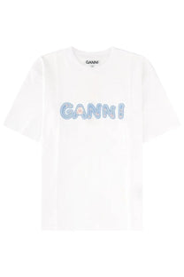White ganni women’s shirt con white featuring a bold glittery blue and pink ganni logo across the chest