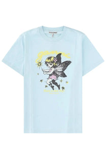 Light blue ganni women’s t-shirt featuring a whimsical fairy graphic with black wings yellow hair and pink dress surrounded by stars