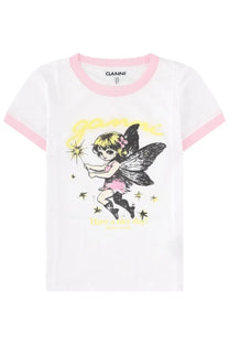Ganni women’s white ringer tee with pink trim featuring a black and pink fairy graphic on the front